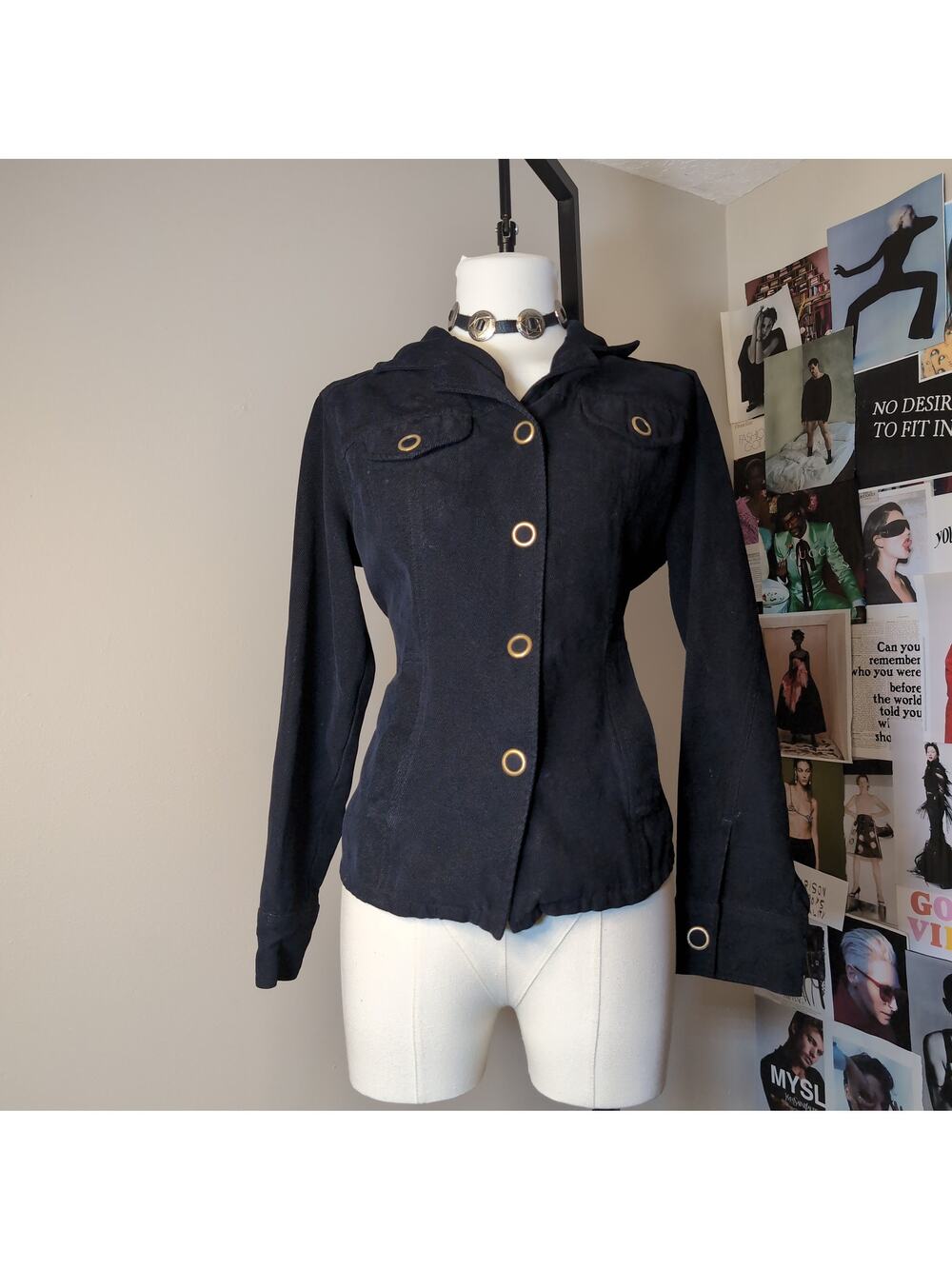 Corduroy Button-Up Jacket with Gold Grommets Gothic